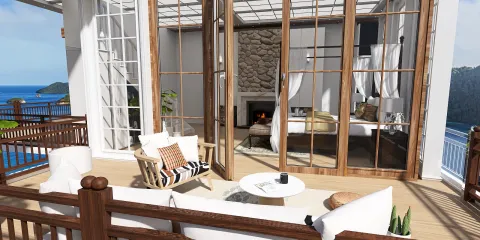 luxurious outdoor terrace seating arrangement featuring a cozy wooden design with ocean views, showcasing Homestyler's real-time 3D rendering for an immersive interior decor experience.