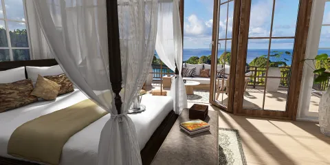 cozy bedroom with ocean view featuring elegant drapery and a warm color palette, showcasing interior design elements optimized for space and aesthetics using Homestyler's real-time 3D rendering feature.