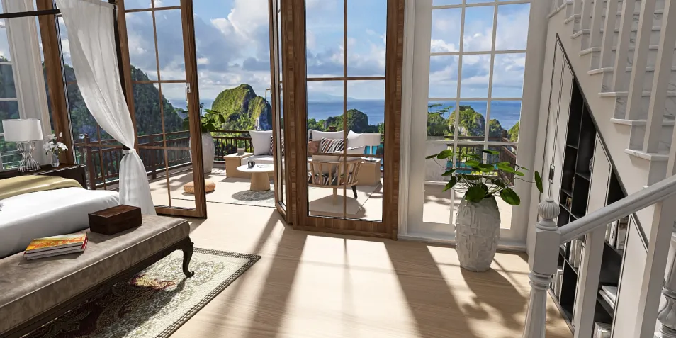 cozy bedroom with large windows showcasing a scenic view, featuring a wooden bed and elegant decor style, enhancing the interior design experience with Homestyler's real-time 3D rendering feature