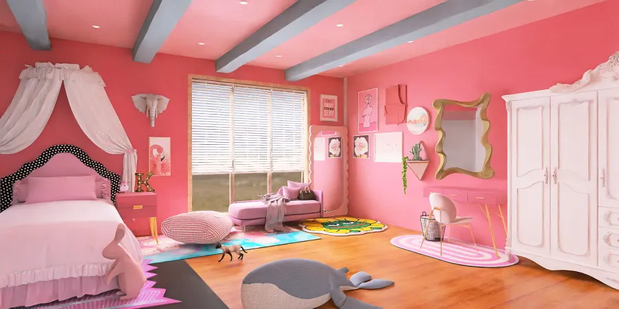a room with a pink couch and a pink chair 