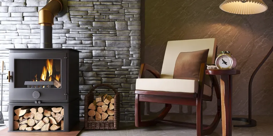 cozy fireplace with stacked wood creating a warming atmosphere in a modern living room featuring natural stone accents and mid-century chair design, showcasing interior decor aesthetics with Homestyler's real-time 3D rendering functionality.