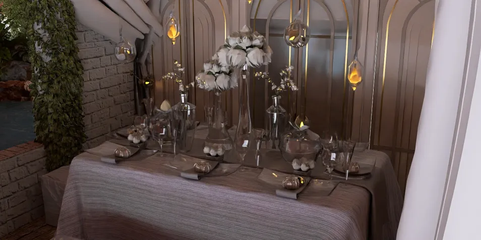 A beautifully arranged dining table featuring elegant glassware and floral centerpieces in a cozy space, showcasing an interior design with modern decor elements, utilizing Homestyler's real-time 3D rendering to visualize the perfect dining experience.