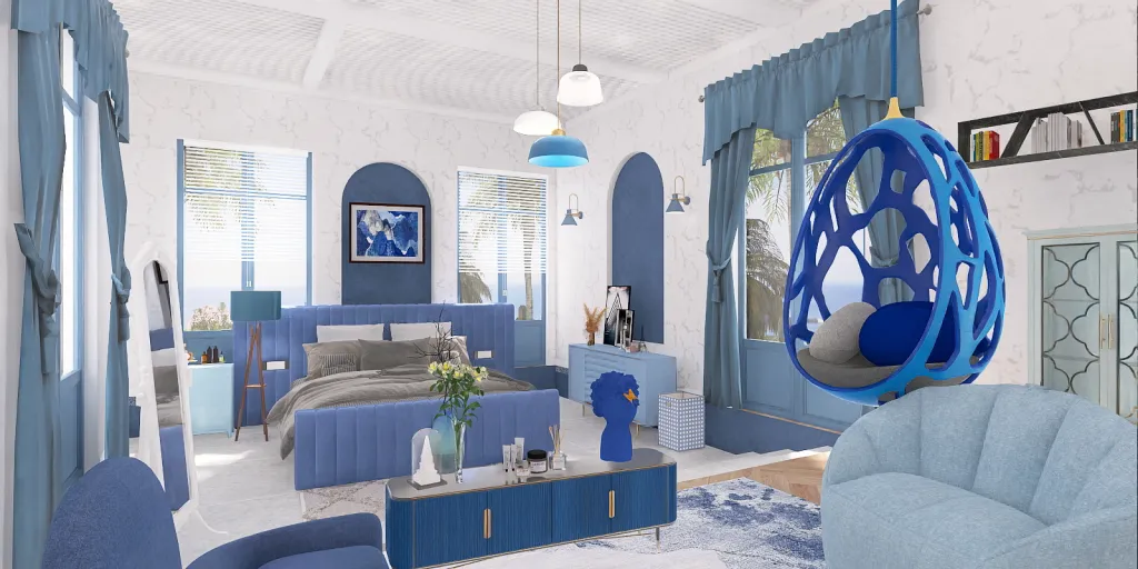 a room with a blue couch and a blue chair 