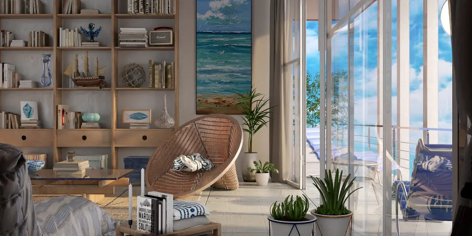 cozy living room featuring sustainable furniture arrangement in a coastal style with a view of the ocean, showcasing Homestyler's real-time 3D rendering capabilities.