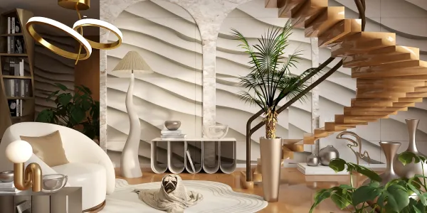 Modern living room with elegant furniture arrangement showcasing a spiral staircase design, featuring a minimalist style that emphasizes space efficiency, utilizing Homestyler's real-time 3D rendering for visualizing interior design.