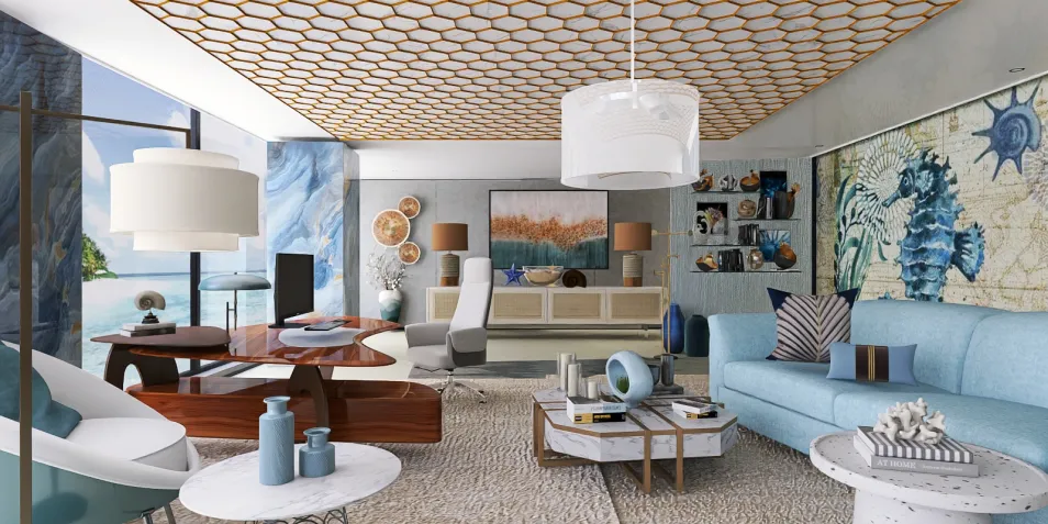 modern living room design featuring a blue sofa and stylish decor, creating a serene coastal atmosphere with Homestyler's real-time 3D rendering feature