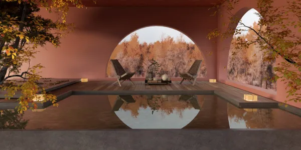 serene outdoor lounge area featuring two wooden chairs and a coffee table designed to enhance relaxation in a calming minimalist style; incorporates Homestyler's real-time 3D rendering feature for an immersive design preview.