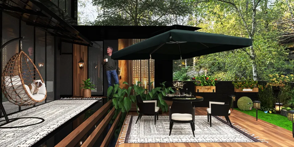 outdoor patio with modern furniture arranging dining space in a contemporary style enhancing relaxation value using Homestyler's real-time 3D rendering feature