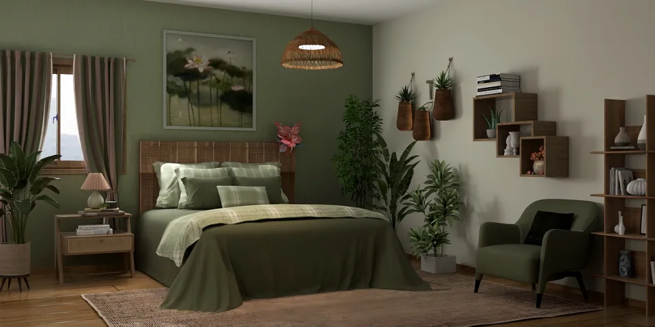 Modern bedroom design featuring a green color palette and natural materials, showcasing Homestyler's real-time 3D rendering for a quick design proposal.