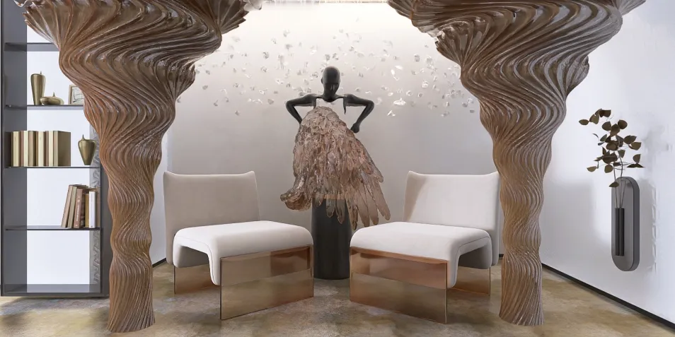 stylish seating arrangement featuring unique spiral columns and an artistic mannequin, showcasing modern interior design with a focus on innovative furniture layout using Homestyler's smart furniture arrangement feature.