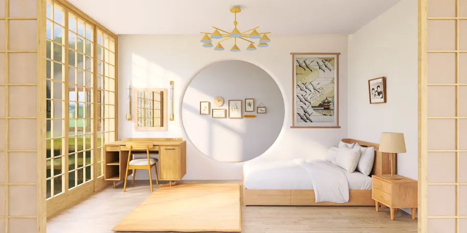 a serene bedroom design featuring a round window and wooden furniture arrangement in a modern minimalist style; incorporating Homestyler's real-time 3D rendering for quick design previews.