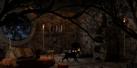 cozy interior space featuring a rustic stone wall and wooden furniture, creating a warm atmosphere with ambient lighting and atmospheric elements; designed using Homestyler's real-time 3D rendering feature.