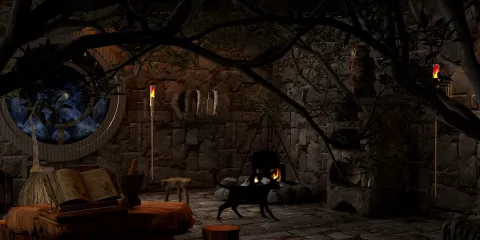 cozy stone interior with dark wooden furniture and warm lighting creating a mystical atmosphere for relaxation and storytelling, utilizing Homestyler's real-time 3D rendering feature