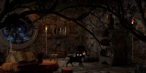 rustic stone interior with ancient decor featuring a cozy reading nook, incorporating a dark fantasy style, emphasizing atmospheric design with Homestyler’s real-time 3D rendering feature