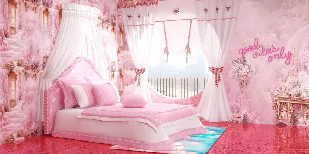 a pink bed with a pink blanket and a pink flower bedspread 
