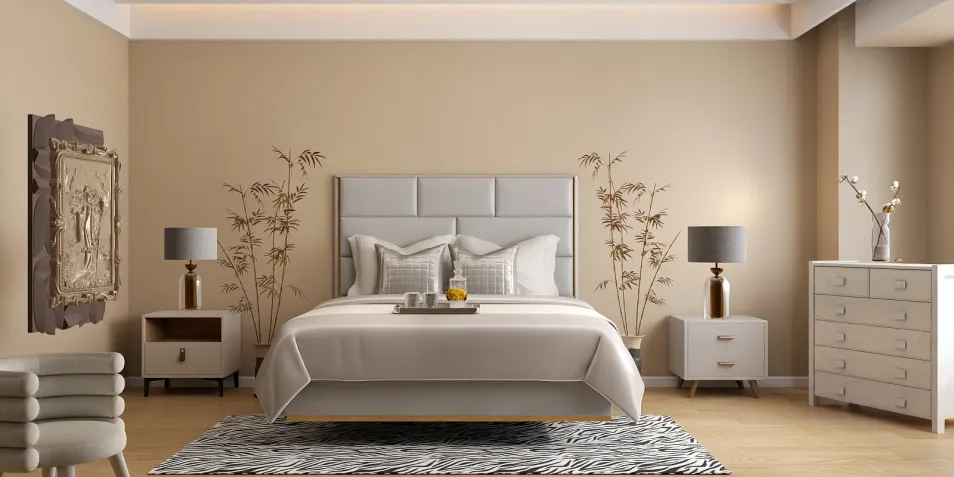 Cozy bedroom setup with elegant furniture arrangement in a modern style, featuring a neutral color palette. Showcasing Homestyler's smart furniture arrangement functionality for optimizing small spaces.
