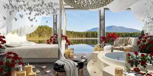 luxurious bedroom design with a romantic atmosphere featuring a scenic lake view, showcasing smart furniture arrangement and using Homestyler's 3D rendering for realistic visualization.