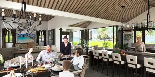 family gathered around a dining table enjoying a meal in a spacious open-plan living area with modern decor and large windows, showcasing indoor design and homestyler's real-time 3D rendering feature.