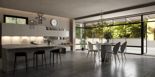 modern kitchen interior design with open space layout featuring a dining area and large windows allowing natural light, utilizing Homestyler's real-time 3D rendering feature for design visualization.