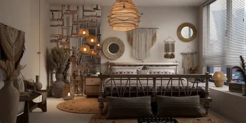 A cozy bedroom featuring a wooden bed with decorative pillows and a woven blanket, styled in a bohemian theme. The design showcases natural materials and soft lighting, optimized using Homestyler's real-time 3D rendering feature for an immersive visual experience.