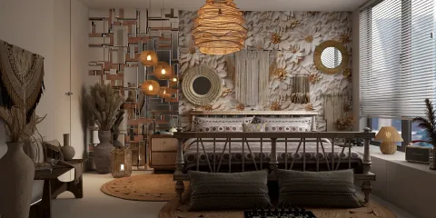 bohemian bedroom design featuring textured wall decor and layered lighting, optimizing small space with smart furniture arrangement using Homestyler's real-time 3D rendering feature.