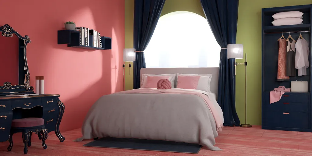 a bedroom with a bed, chair, and lamp 