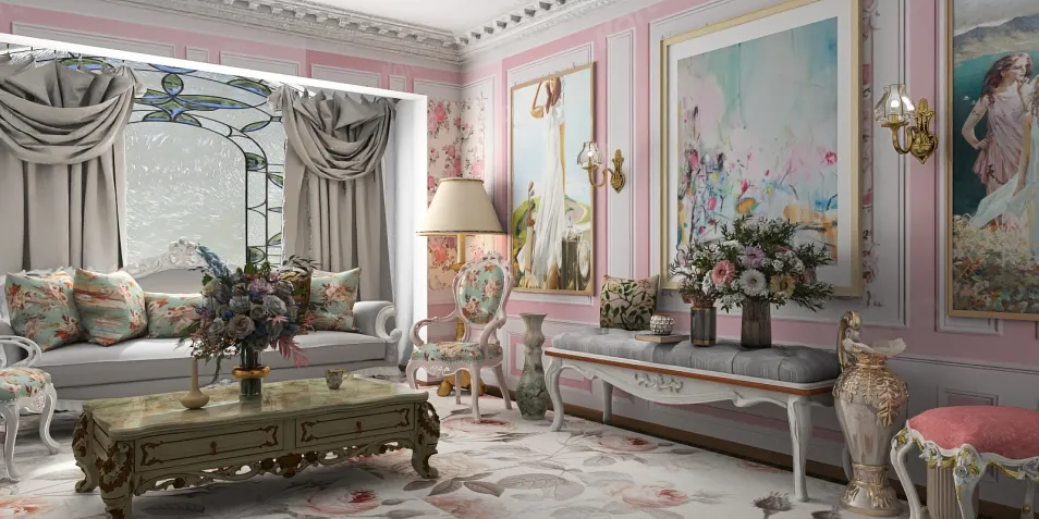 Elegant living room interior design featuring floral decor and pastel colors, showcasing a luxurious style for enhancing home aesthetics, utilizing Homestyler's real-time 3D rendering feature.