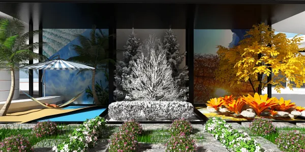outdoor garden area featuring a pool and contemporary seating arrangement with vibrant plants and decor showcasing a modern tropical style, highlighting the realistic 3D rendering feature of Homestyler.