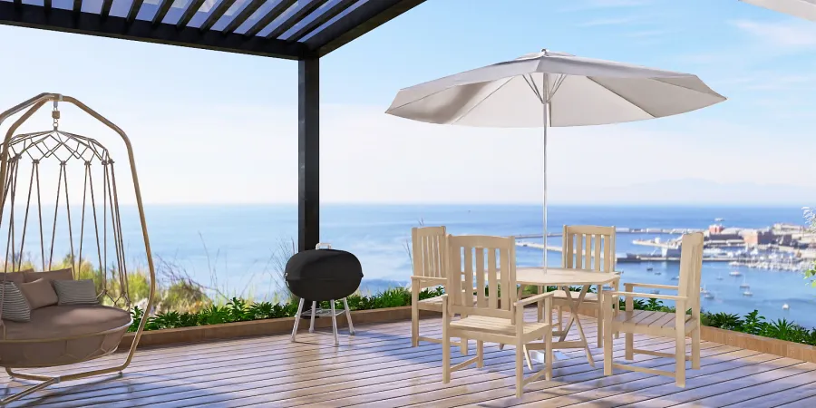a patio table with chairs and umbrellas 