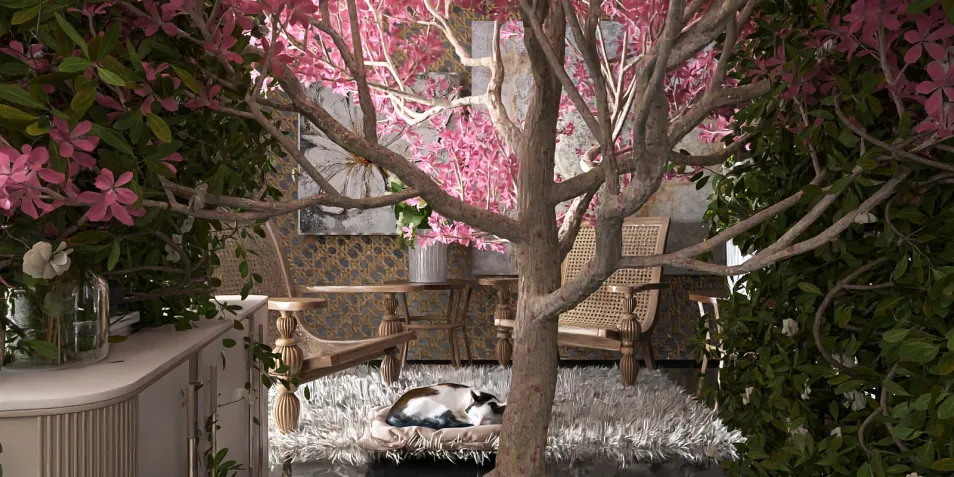 a large pink flowering tree enhancing the interior design with natural elements, optimizing small spaces for a cozy atmosphere, featuring Homestyler's real-time 3D rendering.