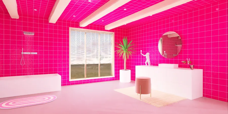 a bathroom with a pink wall and a white tub 