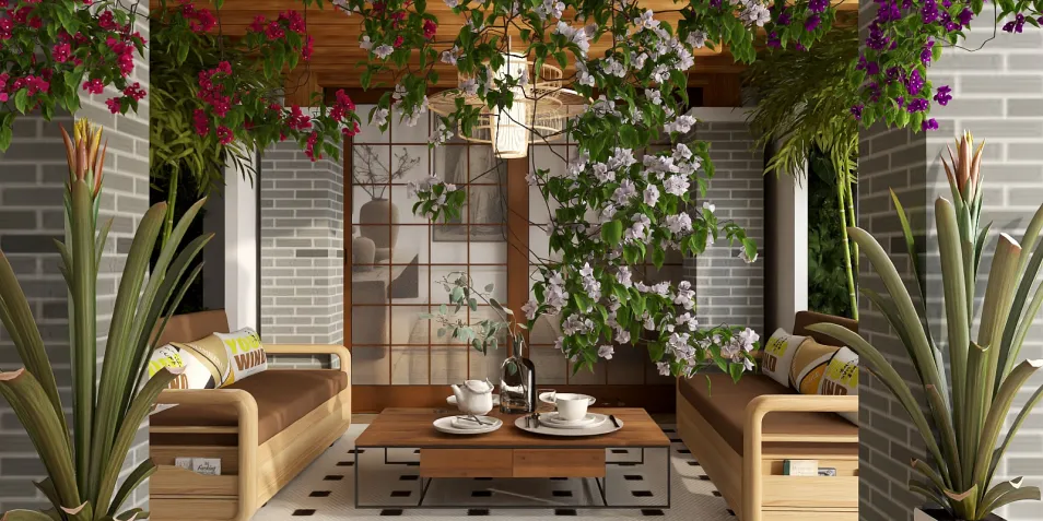 a cozy outdoor living area with wooden furniture and vibrant plants enhancing the space, designed using Homestyler's smart furniture arrangement feature for optimized small space layout in a modern style