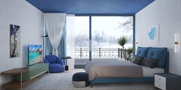 Stylish bedroom with a blue ceiling showcasing modern interior design; featuring an inviting bed and cozy seating area; leveraging Homestyler's real-time 3D rendering for design proposal display.