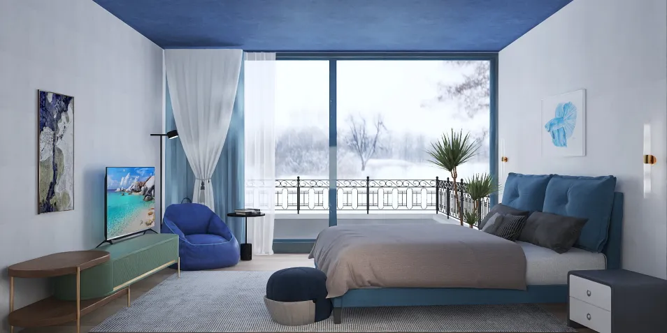 Stylish bedroom with a blue ceiling showcasing modern interior design; featuring an inviting bed and cozy seating area; leveraging Homestyler's real-time 3D rendering for design proposal display.