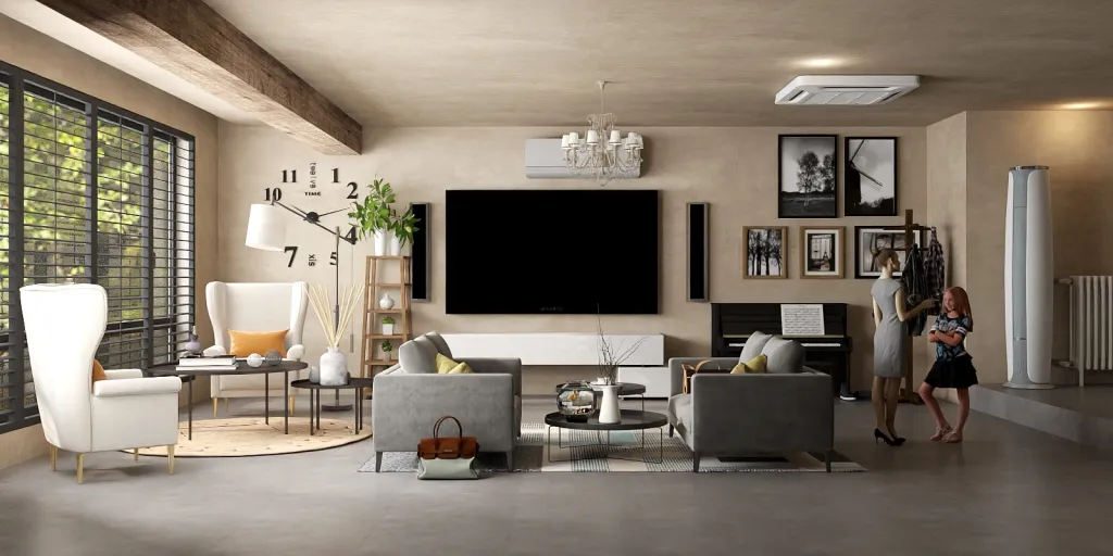 a living room with a couch, chair, and television 