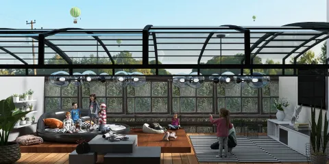 A spacious living room filled with families enjoying their time together, featuring a modern design with large windows and ample natural light, showcasing Homestyler's real-time 3D rendering for vivid interior decor visualization.