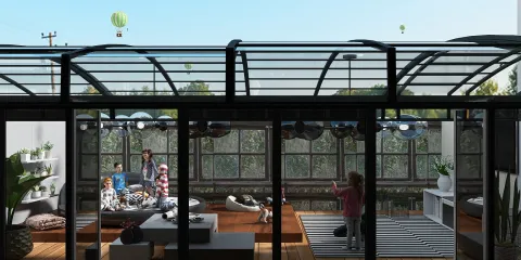 modern living room showcasing a vibrant family gathering with playful decor, utilizing Homestyler's real-time 3D rendering for enhanced space visualization