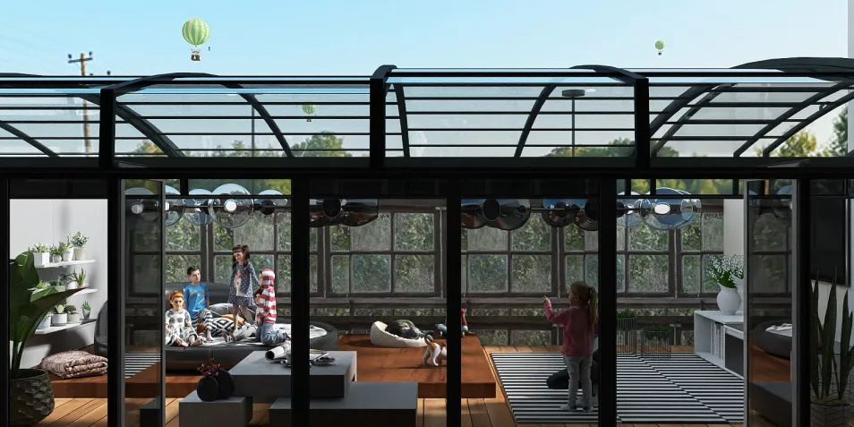 modern living room showcasing a vibrant family gathering with playful decor, utilizing Homestyler's real-time 3D rendering for enhanced space visualization