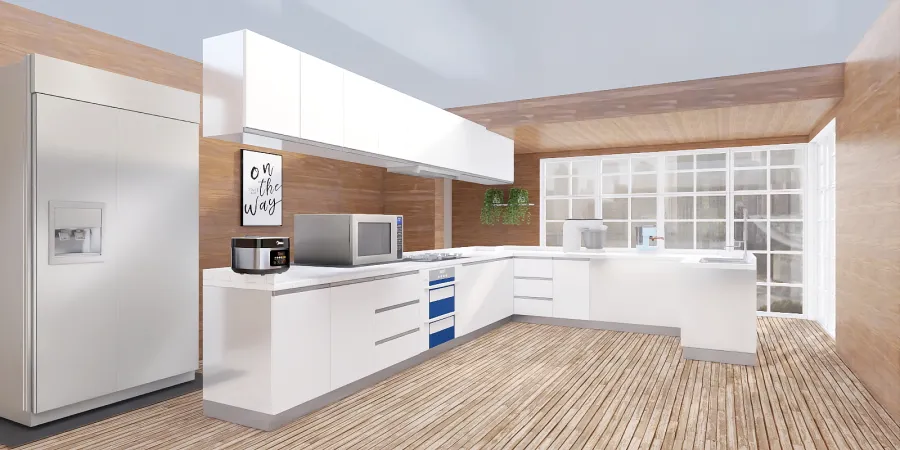 a kitchen with a refrigerator, microwave, sink and a refrigerator 