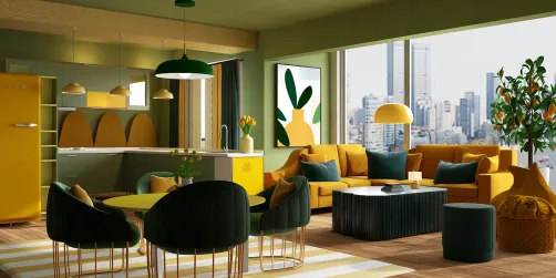 Yellow and Green Kitchen, Living and Dining Room