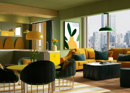 Yellow and Green Kitchen, Living and Dining Room Design Rendering