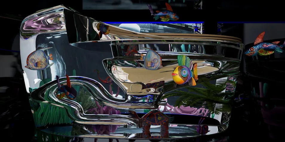 colorful fish swimming in a reflective modern aquarium design with intricate details, showcasing interior decor and real-time 3D rendering capabilities of Homestyler.