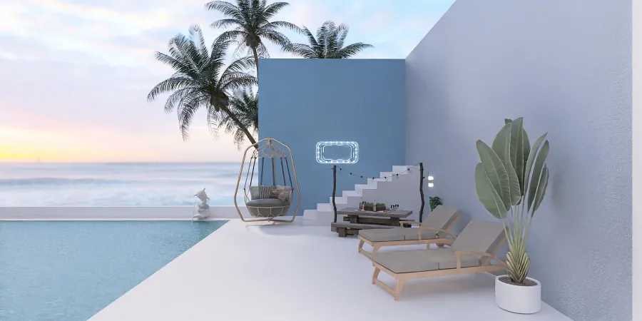 a beach with a pool and chairs and a balcony 