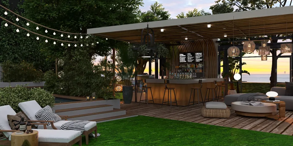 outdoor bar area with lounge seating and hanging lights surrounded by greenery, featuring a modern rustic design, showcasing Homestyler's real-time 3D rendering functionality for visualizing interior decor layouts.