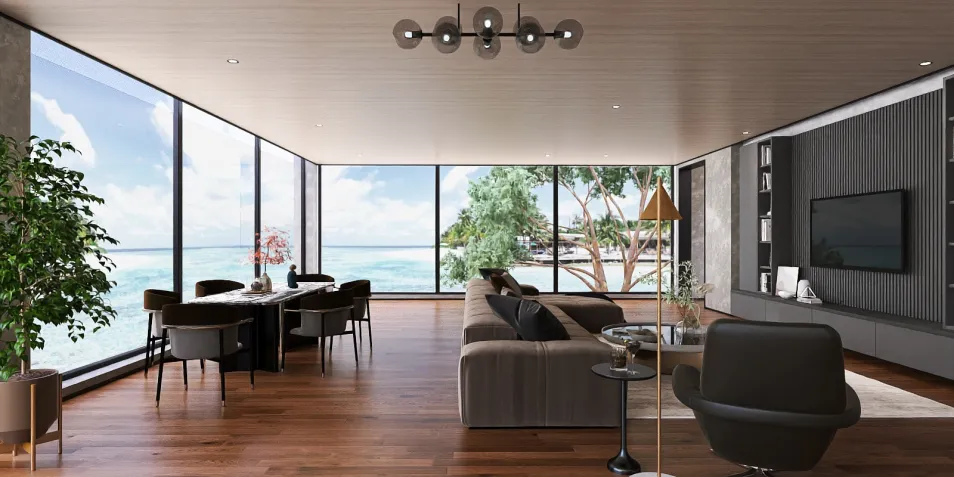 modern living room with panoramic windows featuring a dining area and stylish furnishings showcasing a coastal view, utilizing Homestyler's real-time 3D rendering for interior design