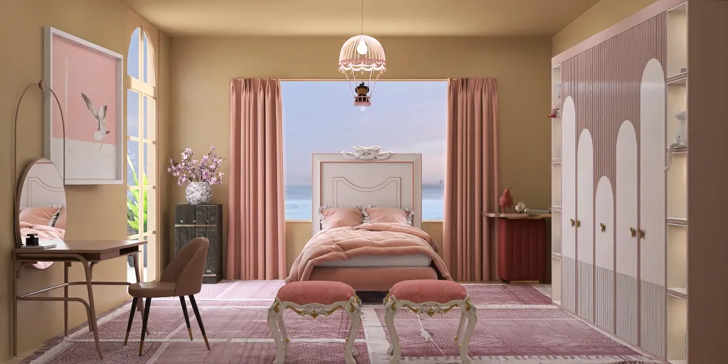 a bedroom with a bed, chair, and table 