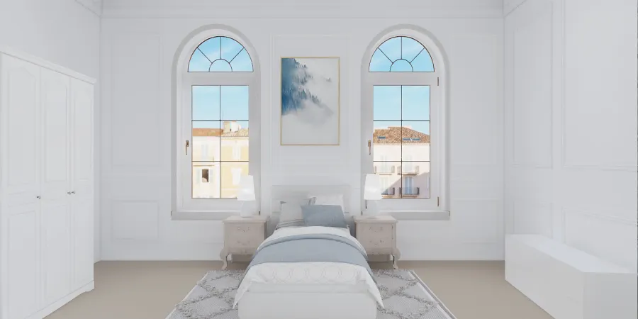 a bed with a white bedspread and a window 