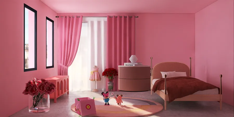 a room with a pink bed, a pink dresser, and a pink dresser 
