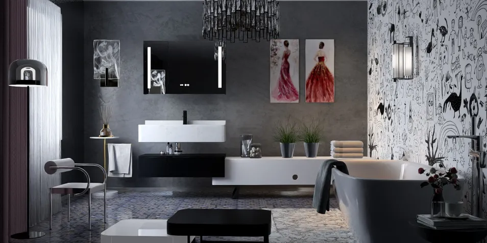 modern bathroom design featuring a black and white color scheme with artistic decor and a luxurious bathtub, showcasing Homestyler's real-time 3D rendering functionality to visualize renovation outcomes.
