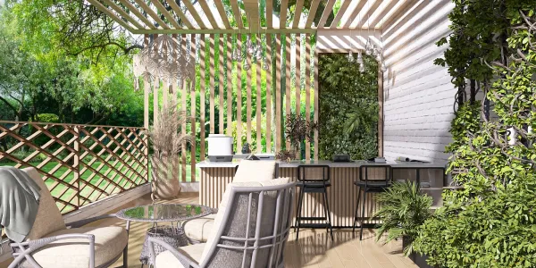 outdoor patio area with a sleek bar setup featuring modern furniture and lush greenery, enhanced by Homestyler's real-time 3D rendering for detailed design visualization.